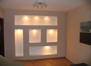 DIY linear cabinet made of plasterboard.