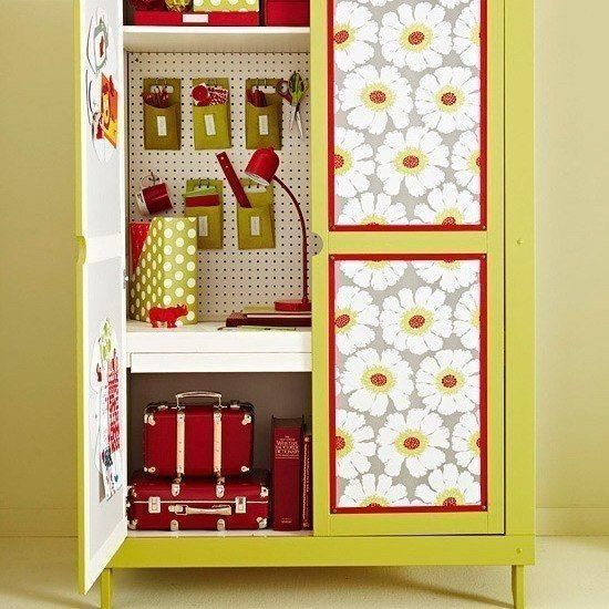 Wallpapering a closet.