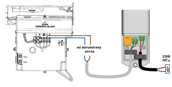 Connection diagram of the thermostat to the boiler