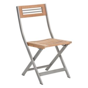 high chair with metal frame and wooden seat
