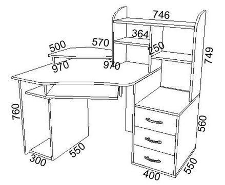 Drawing of a computer desk.
