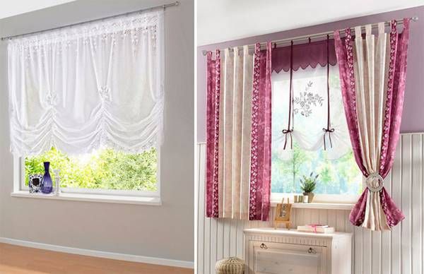 Short curtains of various colors.