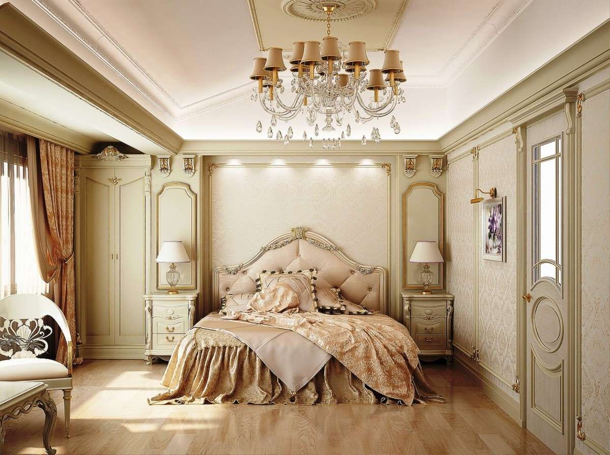A version of a classic bedroom in golden beige tones.