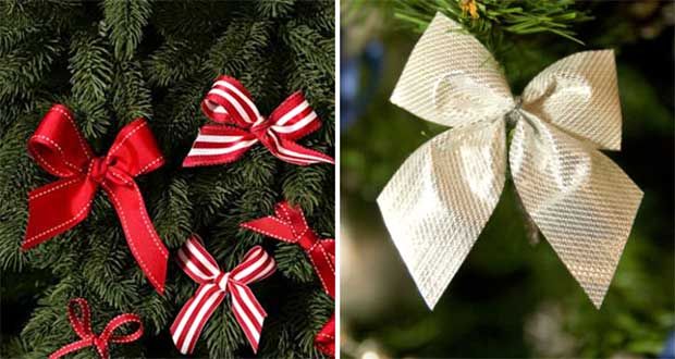 DIY Christmas tree bows made from ribbons.