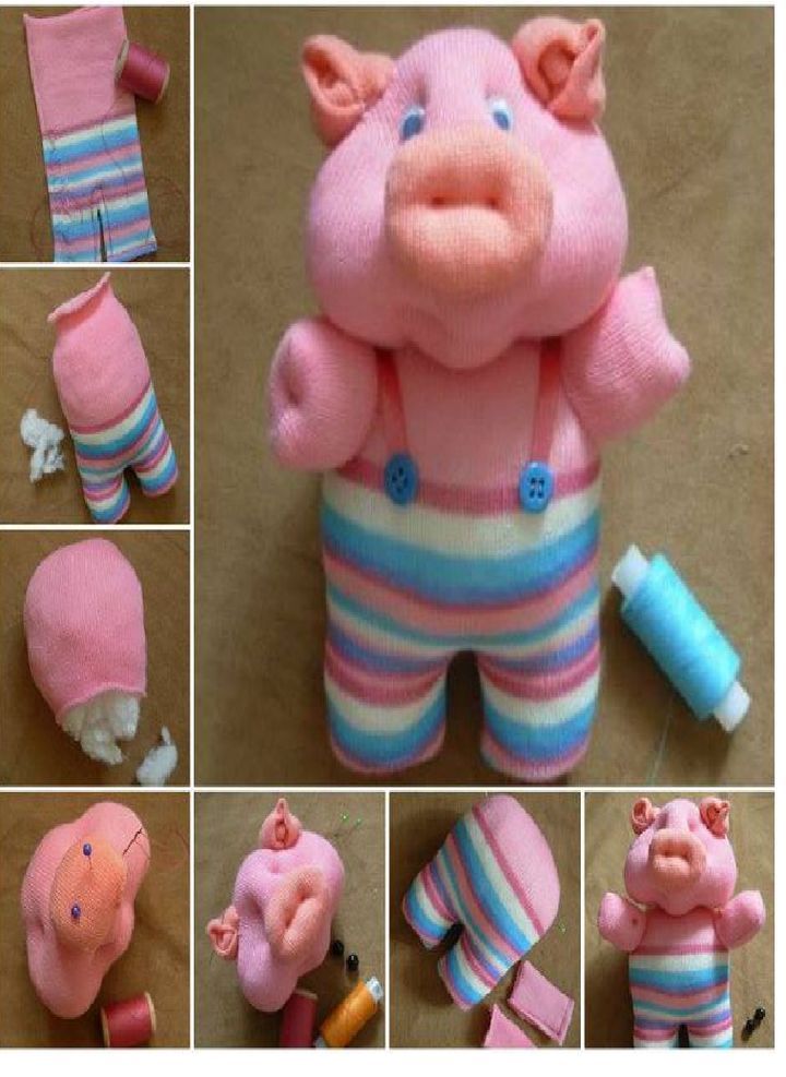 Stages of making a pig from children's tights.