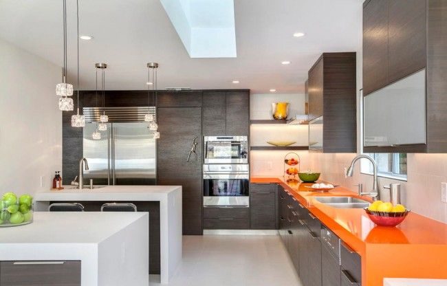 Kitchen with white floor.