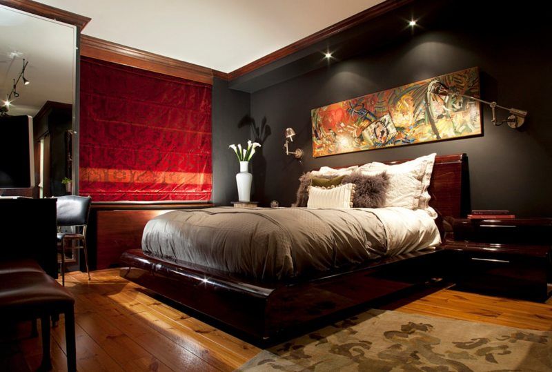 Black and burgundy bedroom.