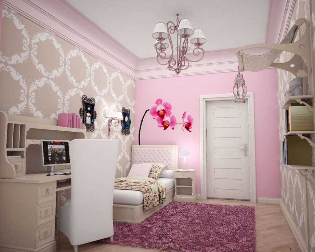 The combination of pink in the bedroom interior.