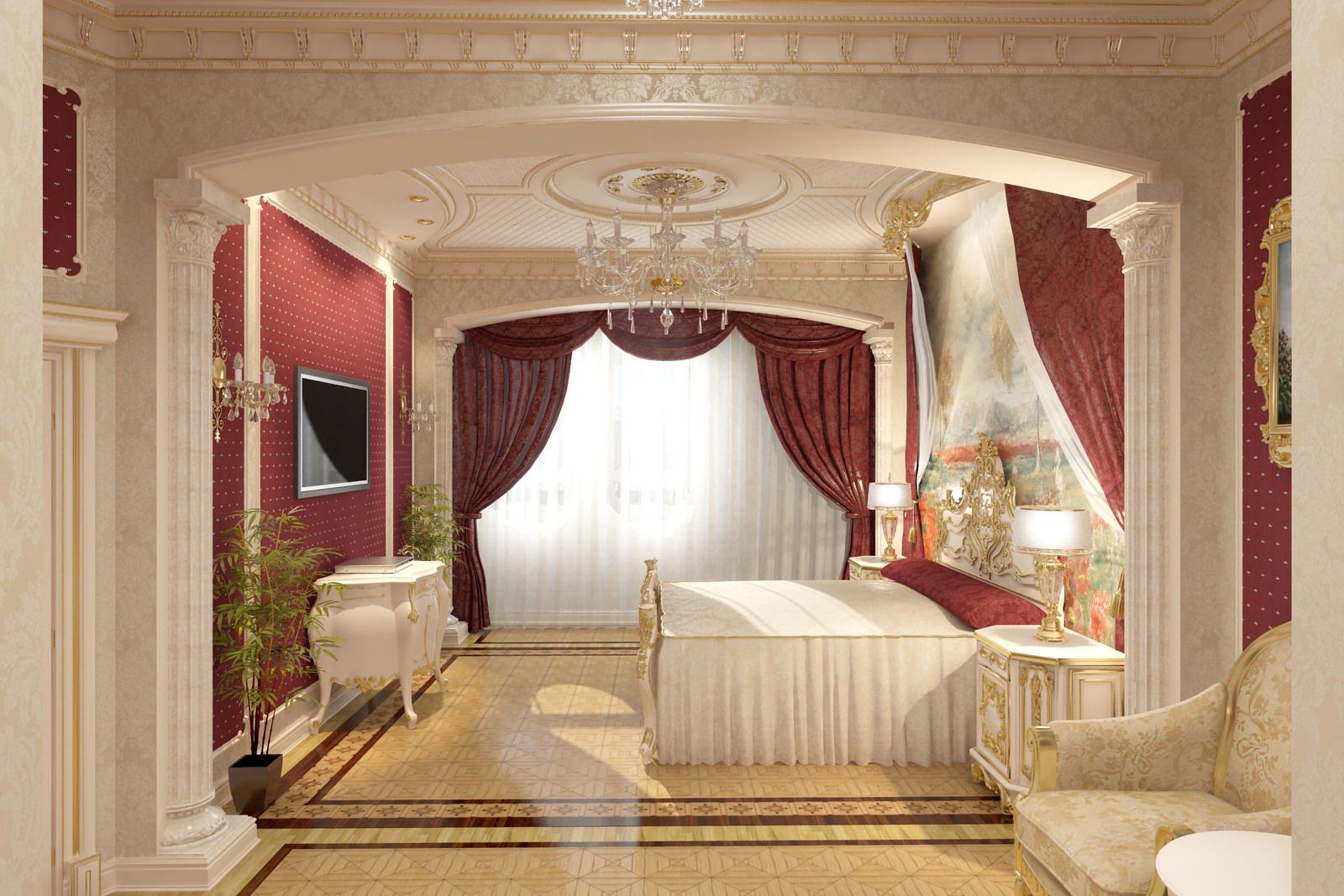 The combination of white and burgundy in the interior.