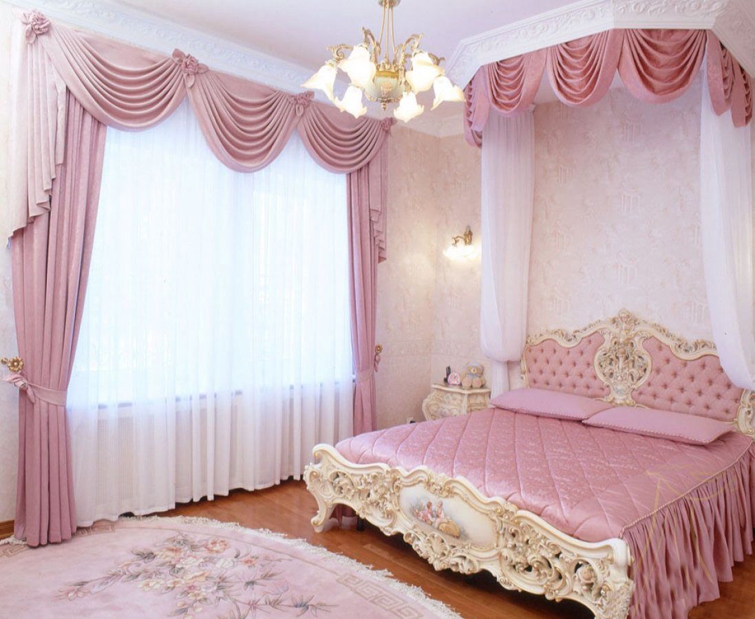The choice of color for curtains in the bedroom is pink.
