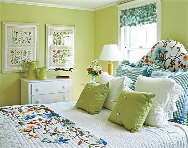 Country bedroom in green and white.