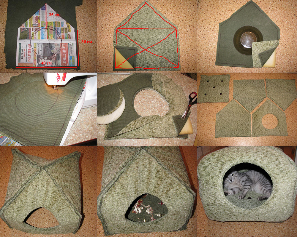 An option for making a soft house for a cat from carpet.