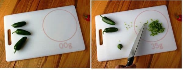 Cutting board with built-in scales.