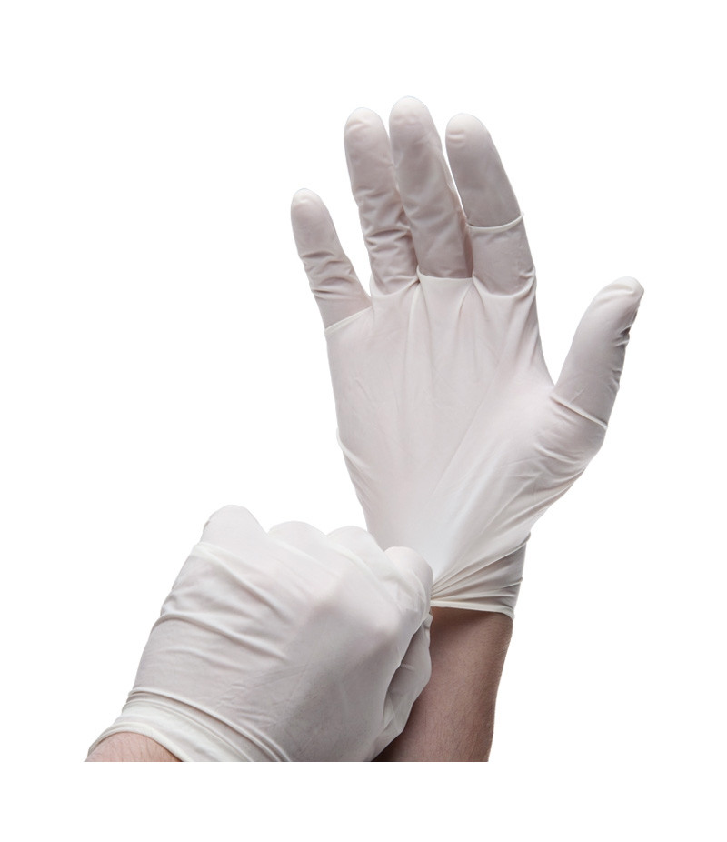 Hands in latex gloves.