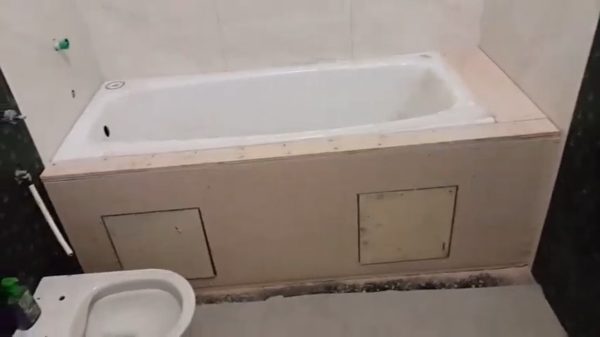 Metal frame covered with plasterboard.