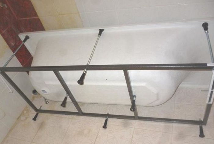 Installing a bathtub on a metal frame.