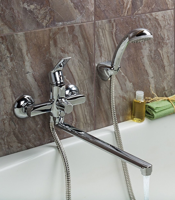 Single lever bath and shower mixer with long spout and shower head.