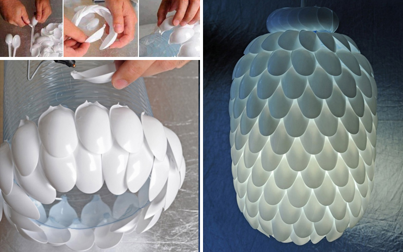 Lampshade made from plastic spoons.