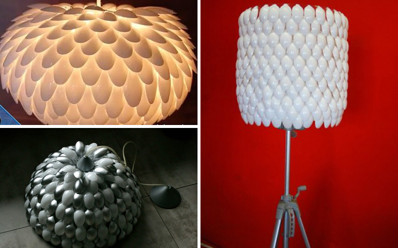 Ready-made lampshade made from plastic spoons.