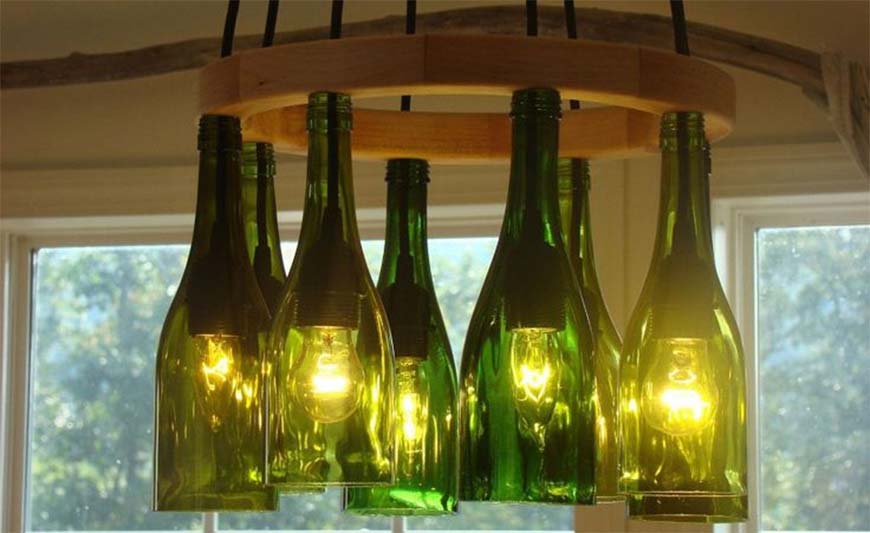 Chandelier made from wine bottles.