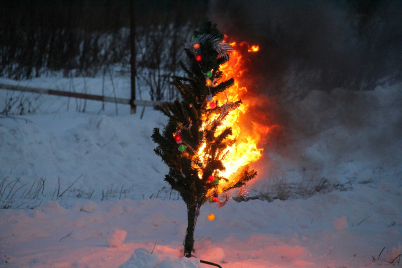 artificial Christmas tree on fire