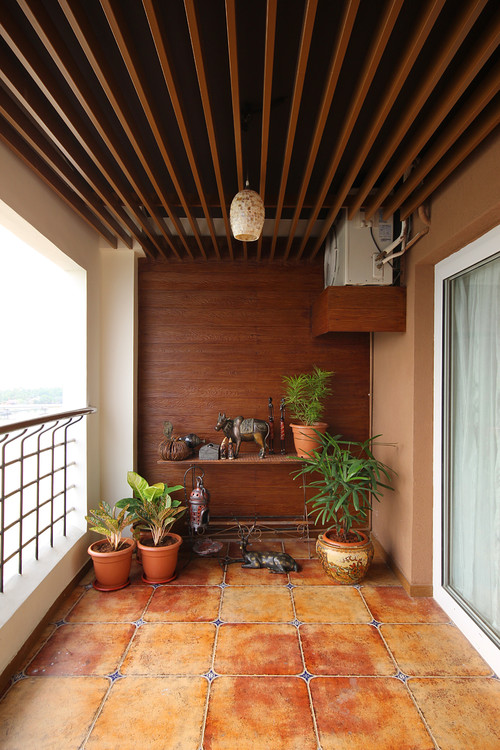 ceiling on a balcony or loggia made of wooden slats