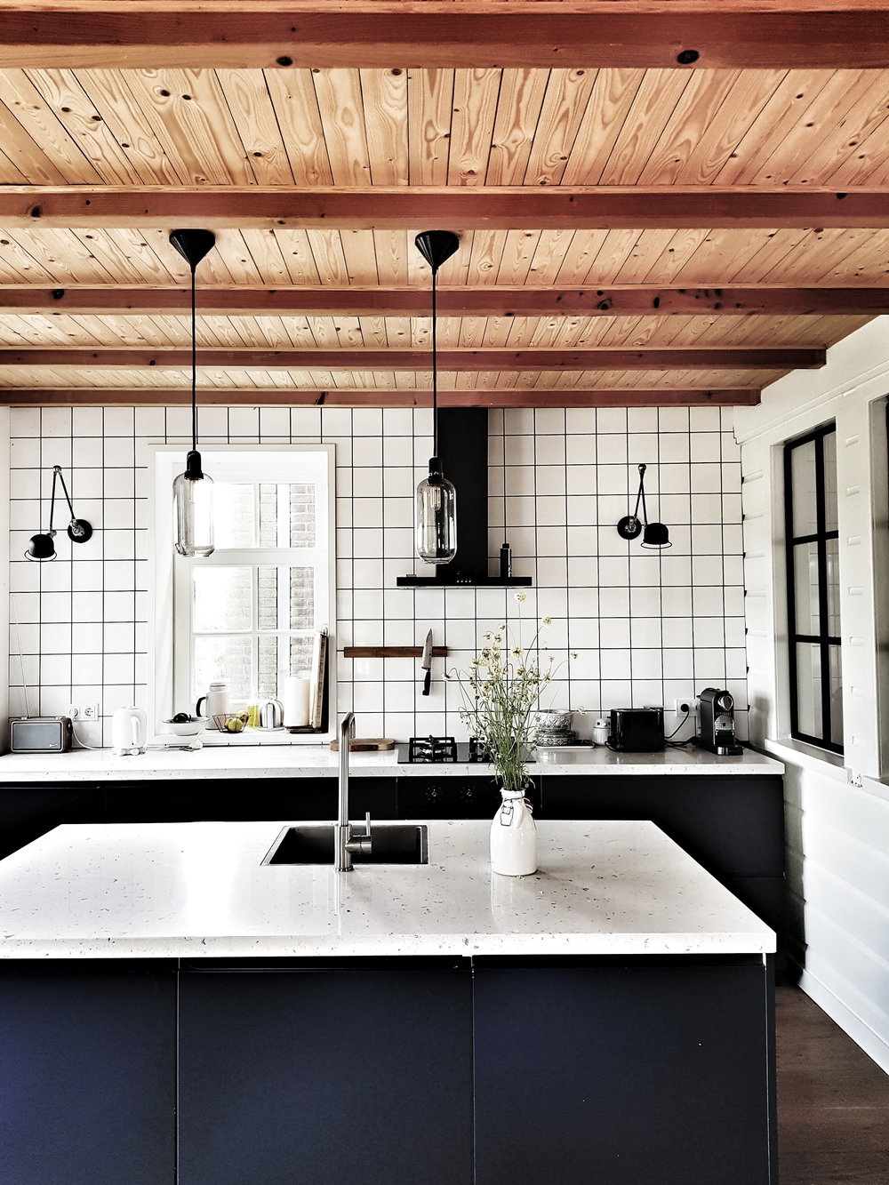 clapboard ceiling in a Scandinavian style kitchen