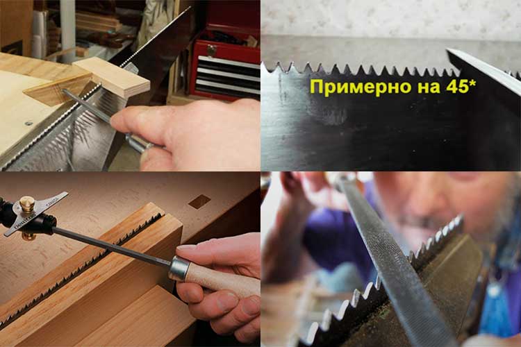 The process of sharpening a saw.