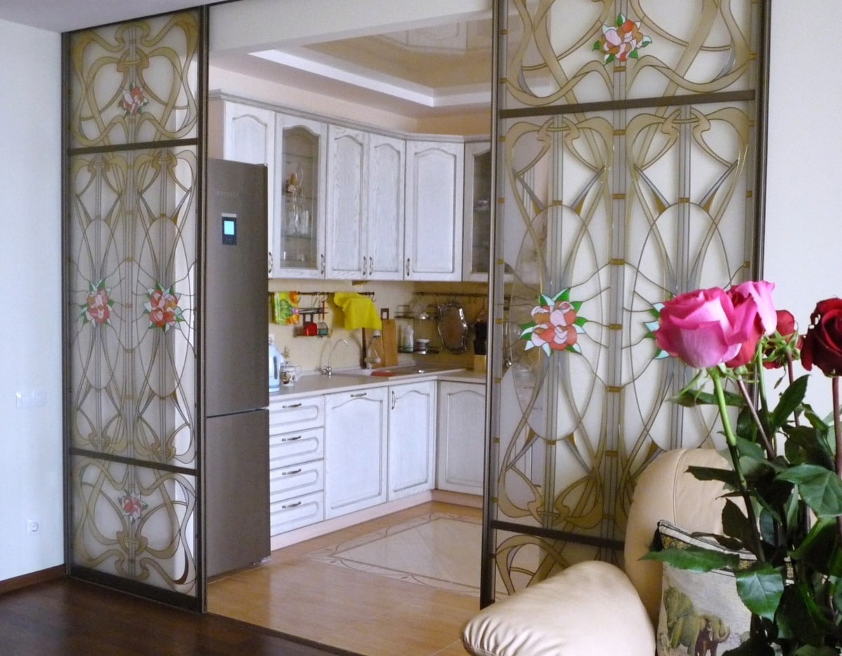 stained glass partition in the kitchen