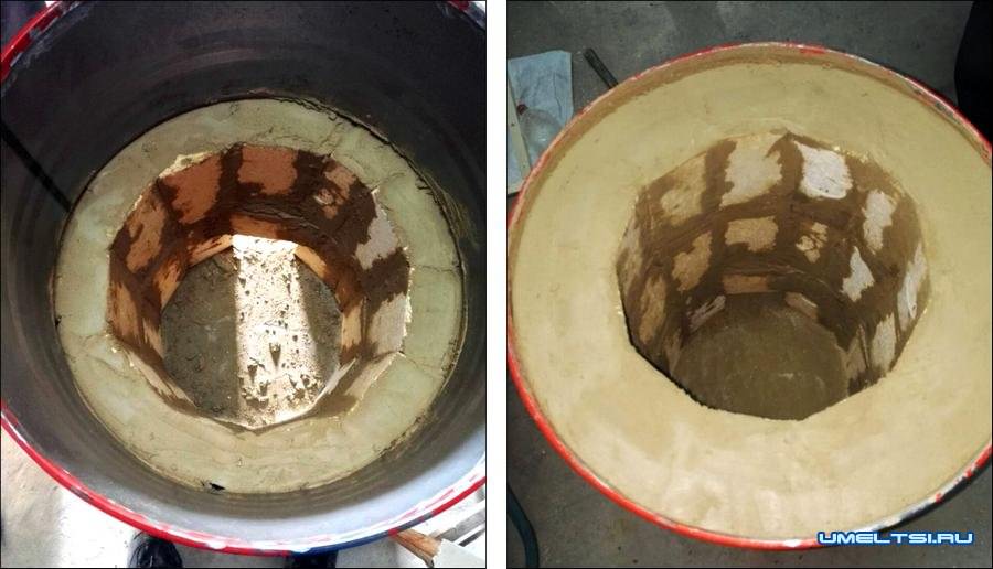 Laying bricks inside a barrel.