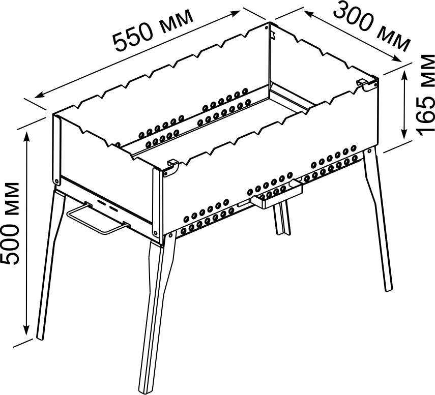 Drawing of a metal barbecue.