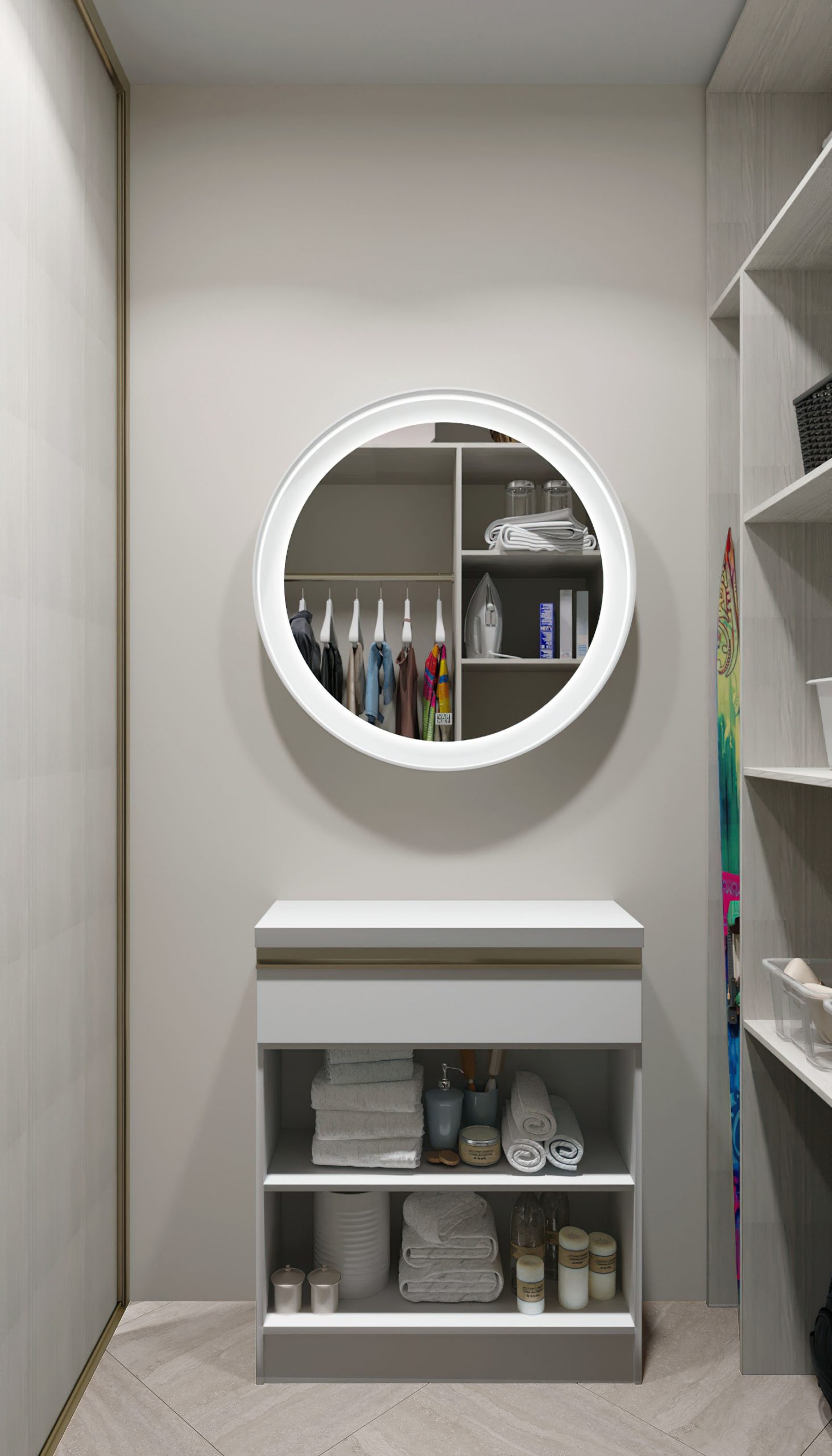 Storing an ironing board behind furniture