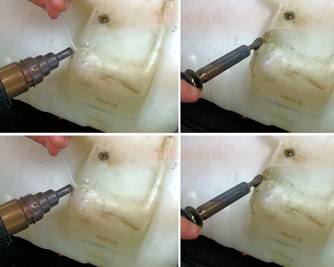 Repairing a plastic sprayer tank with a hairdryer.