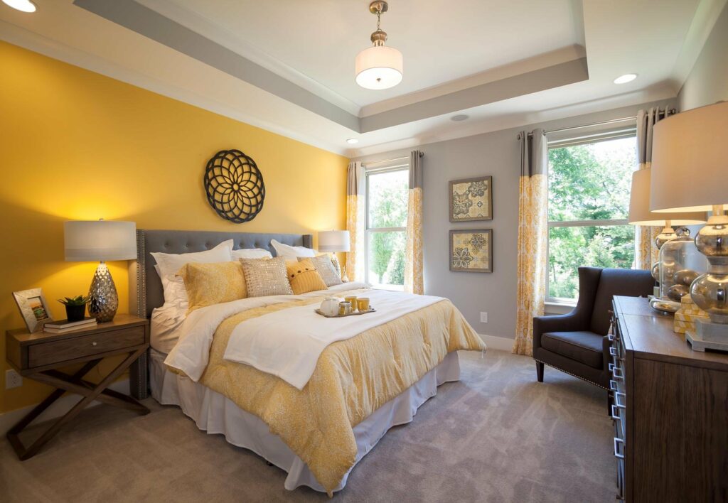 Gray-yellow bedroom.