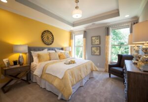 Gray-yellow bedroom.