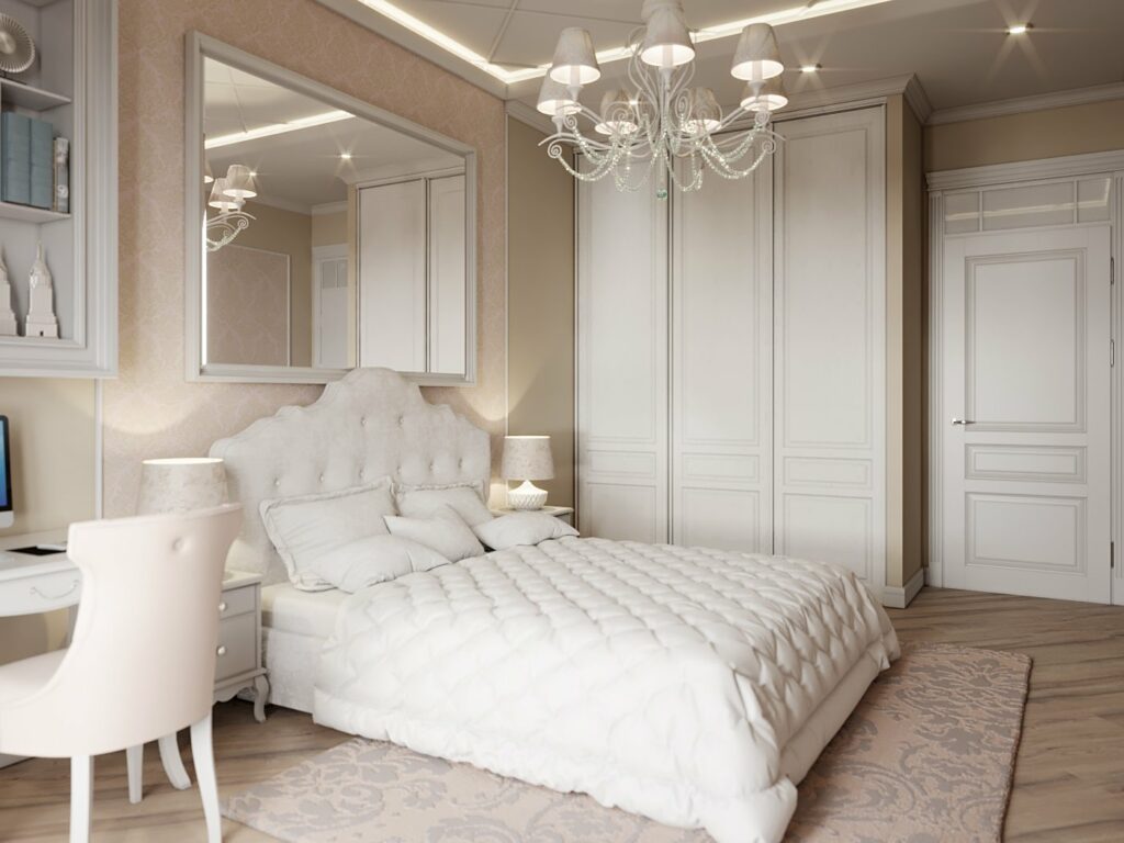 Beige and white bedroom.