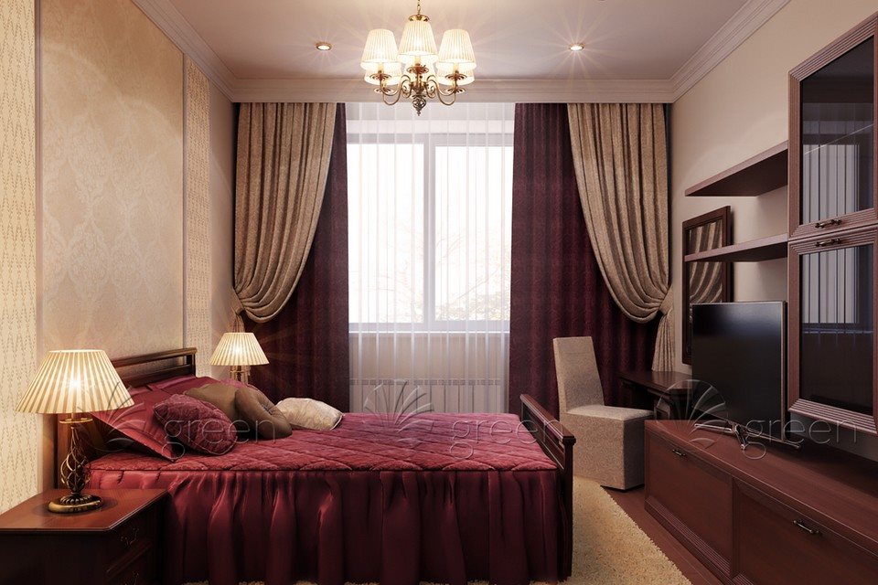 Beige and burgundy bedroom.