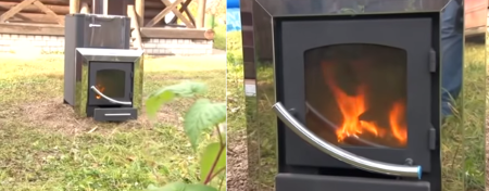 Stove in a bathhouse on a wooden floor 8